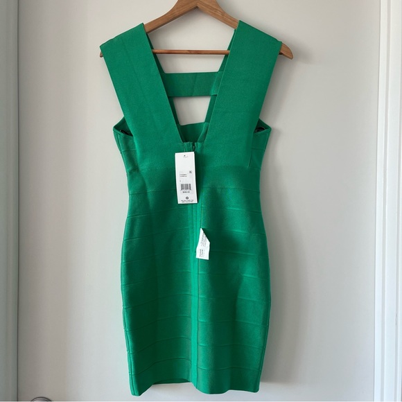Herve Leger Women's Deep V Green Juniper Strappy Icon Dress Size S NWT - Picture 5 of 6